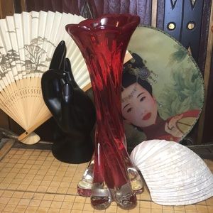 Fabulous Red Clear Cased Swung Twisted Glass Vase Approx. 8”H x 3 1/4”D